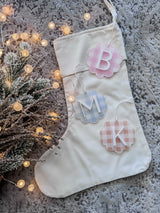 Linen Christmas stocking with gingham tag