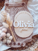 Oval scallop "hello world my name is" baby birth announcement plaque