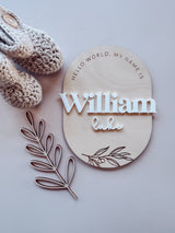 Oval scallop "hello world my name is" baby birth announcement plaque