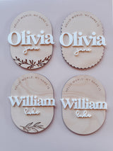 Oval scallop "hello world my name is" baby birth announcement plaque