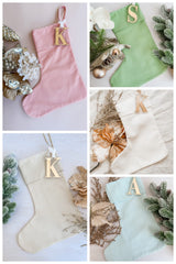 Linen Christmas stocking with initial tag - green