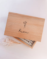 Wooden single or multilayer jewellery box - name with floral bunch above