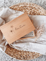 Wooden single or multilayer jewellery box - two flowers with name