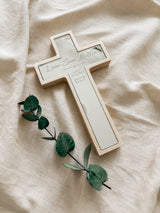Freestanding wooden cross with engraved mirror insert