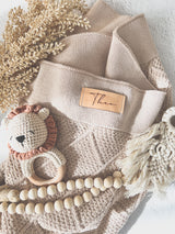 Diamond knit heirloom baby blanket - with personalised leather tag