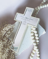 Freestanding wooden cross with engraved mirror insert