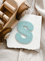 Acrylic letter initial bag tag with engraved name