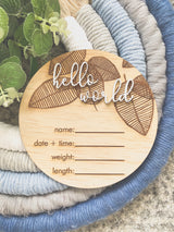 “Hello world” leaf design birth announcement plaque