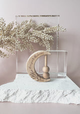 Crescent moon wooden rattle -  olive branch and “love you to the moon”