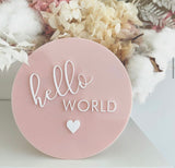 “hello world” with accent detail announcement plaque - various colours