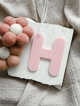 Acrylic letter initial bag tag with engraved name