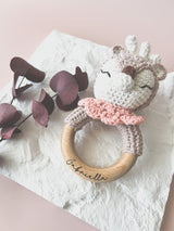 Crochet baby rattle - Deer with pink collar