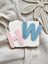 Acrylic letter initial bag tag with engraved name