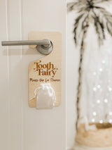 Tooth fairy door hanger with white velvet pouch - retro font