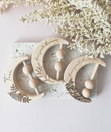 Crescent moon wooden rattle -  olive branch and “love you to the moon”