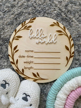 Timber baby announcement plaque with vine border