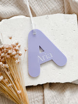 Acrylic letter initial bag tag with engraved name