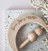 Crescent moon wooden rattle -  olive branch and “love you to the moon”