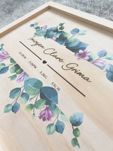 Keepsake box with purple floral print and engraved birth details