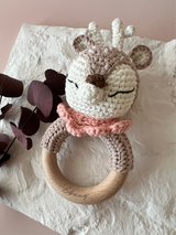 Crochet baby rattle - Deer with pink collar